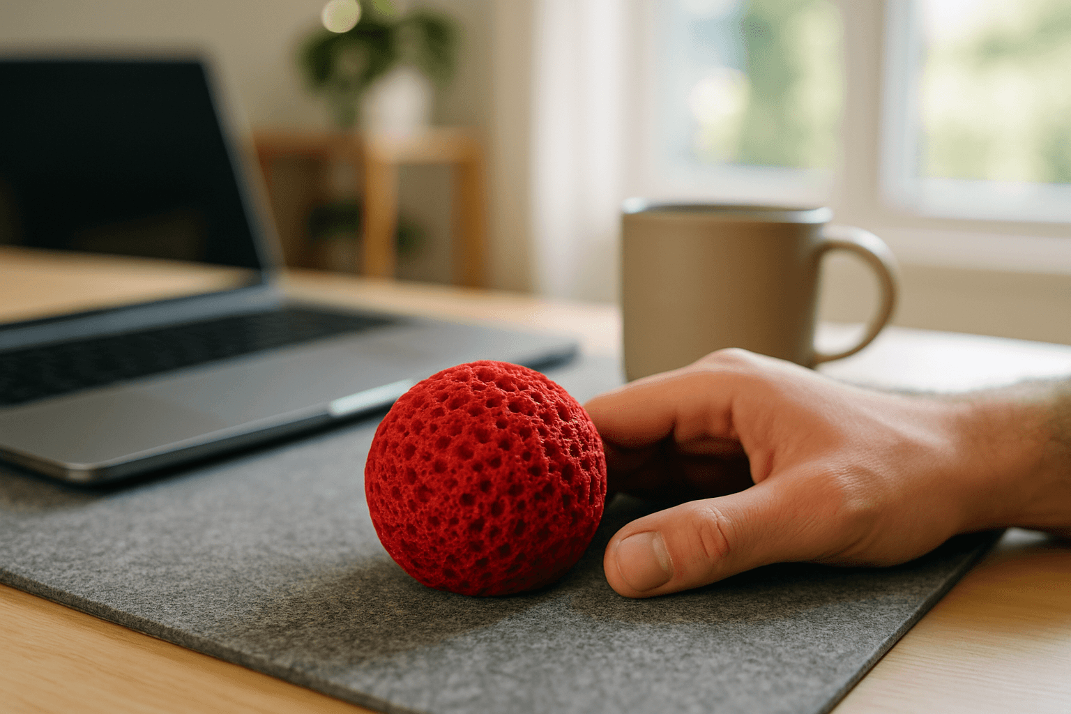 FrictionForm portable grip training ball on office desk - convenient grip strengthening for climbers at work