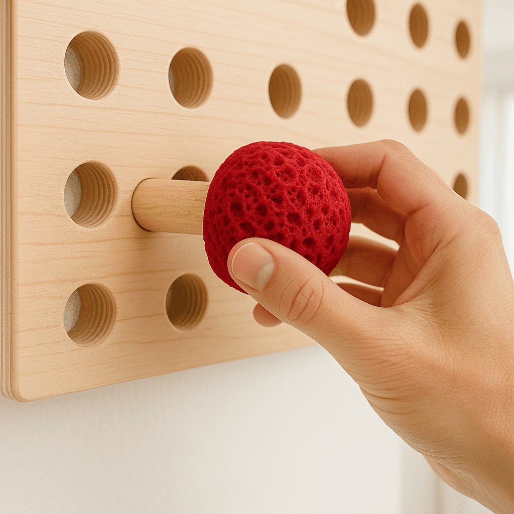 Easy installation of FrictionForm textured grips on standard 30mm pegboard - no tools required for quick setup