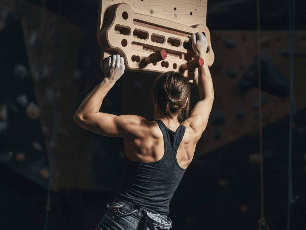 Female athlete training grip strength with FrictionForm textured pegboard cylinders for climbing conditioning